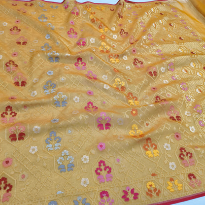 Pure Kora Silk Ektara Tilfi Cutwork Jamdani Banarasi Saree