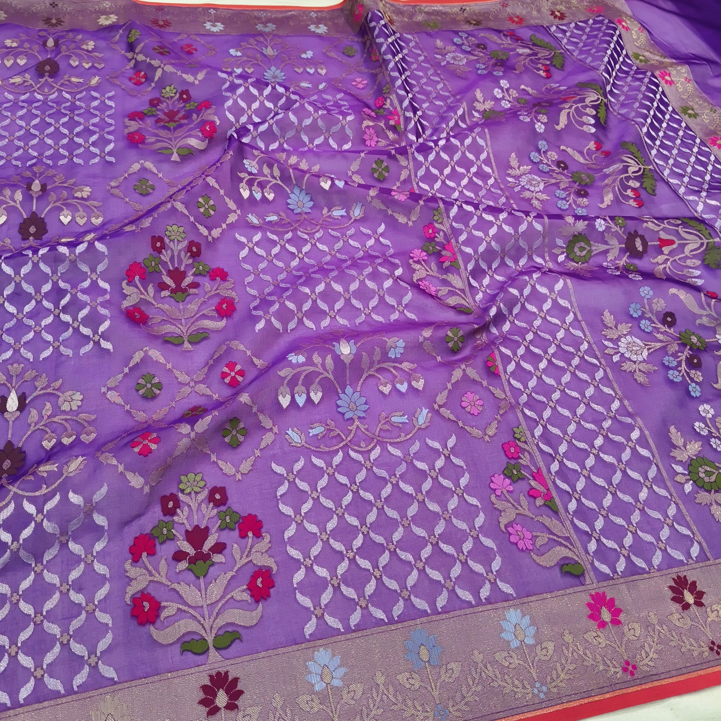 Pure Kora Silk Ektara Tilfi Cutwork Jamdani Banarasi Saree