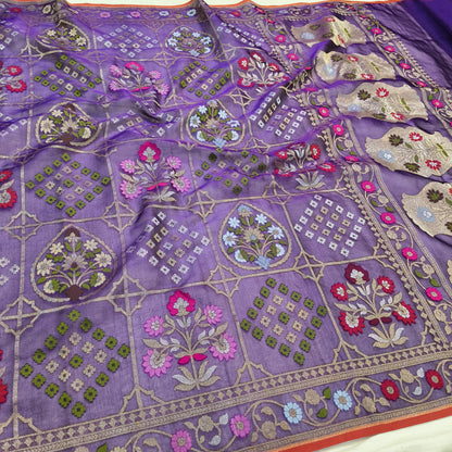 Pure Kora Silk Ektara Tilfi Cutwork Jamdani Banarasi Saree