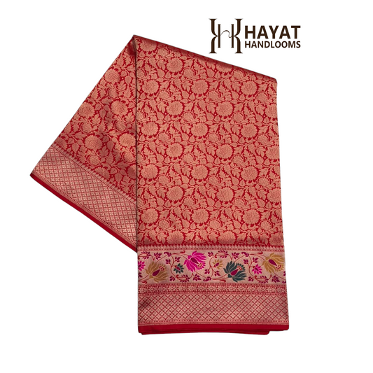 Red pure katan silk handvowen banarasi saree