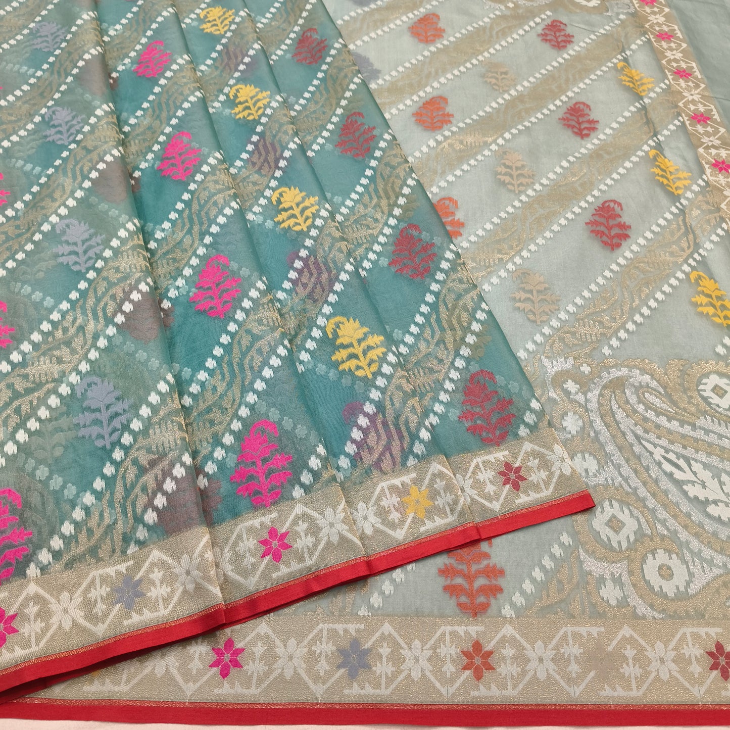 Pure Kora Silk Ektara Tilfi Cutwork Jamdani Banarasi Saree