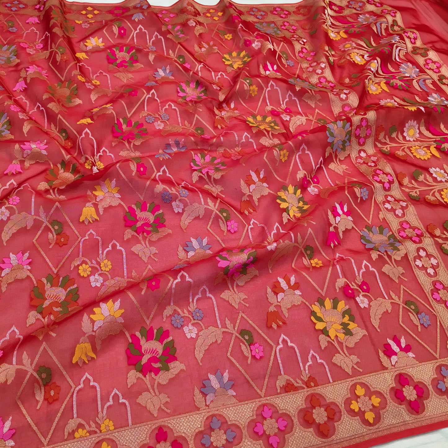 Pure Kora Silk Ektara Tilfi Cutwork Jamdani Banarasi Saree