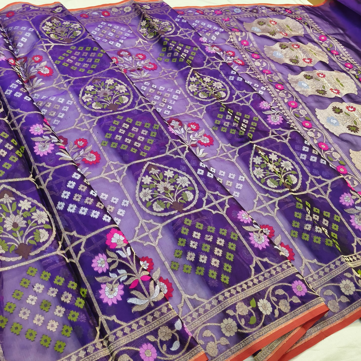 Pure Kora Silk Ektara Tilfi Cutwork Jamdani Banarasi Saree