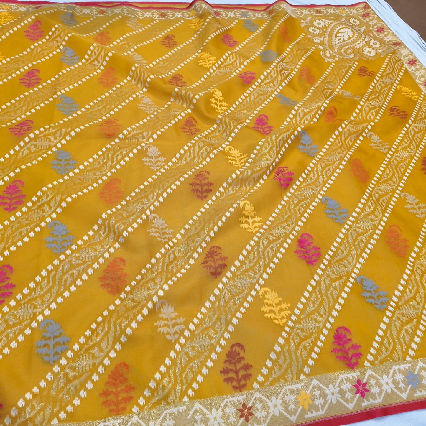 Pure Kora Silk Ektara Tilfi Cutwork Jamdani Banarasi Saree
