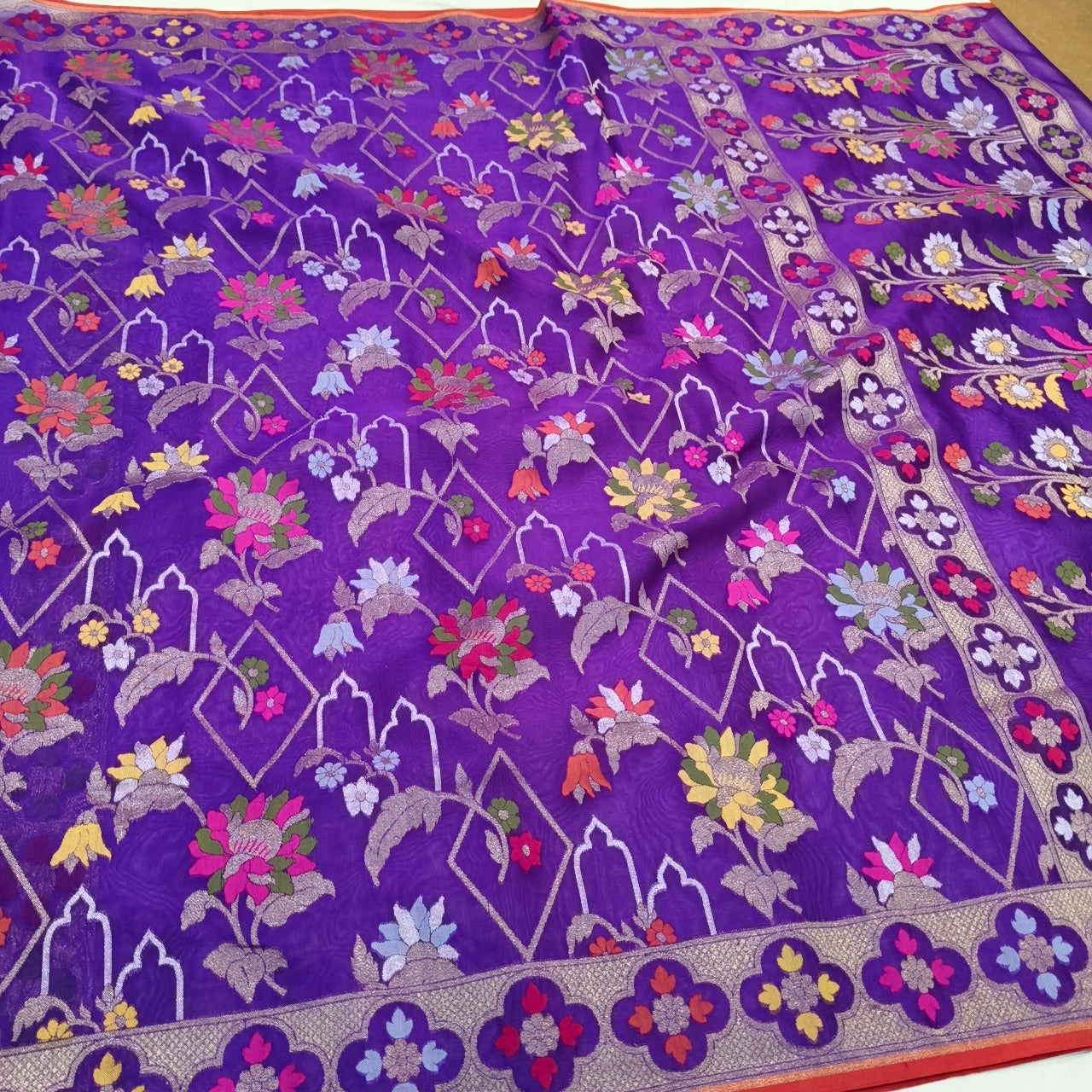 Pure Kora Silk Ektara Tilfi Cutwork Jamdani Banarasi Saree