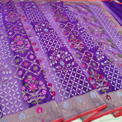 Pure Kora Silk Ektara Tilfi Cutwork Jamdani Banarasi Saree